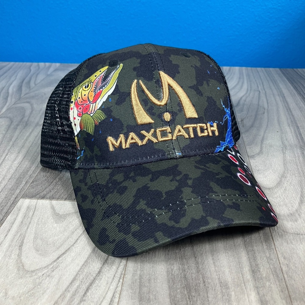 MaxCatch‎ Trout Fish Trucker Hat Mens Green Black Camouflage Mesh Snapback
